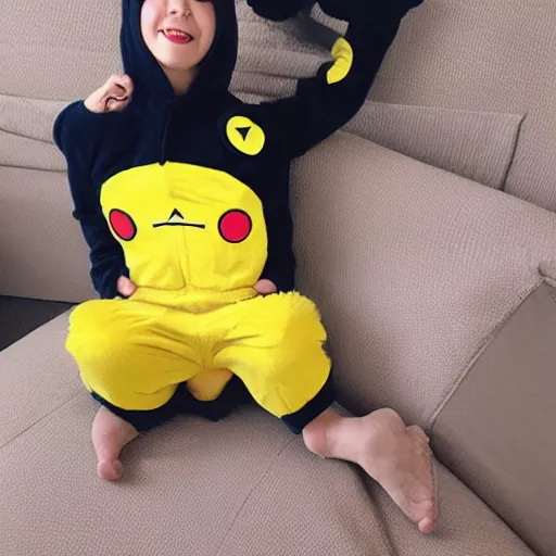 Prompt: totoro wearing a pikachu onsie