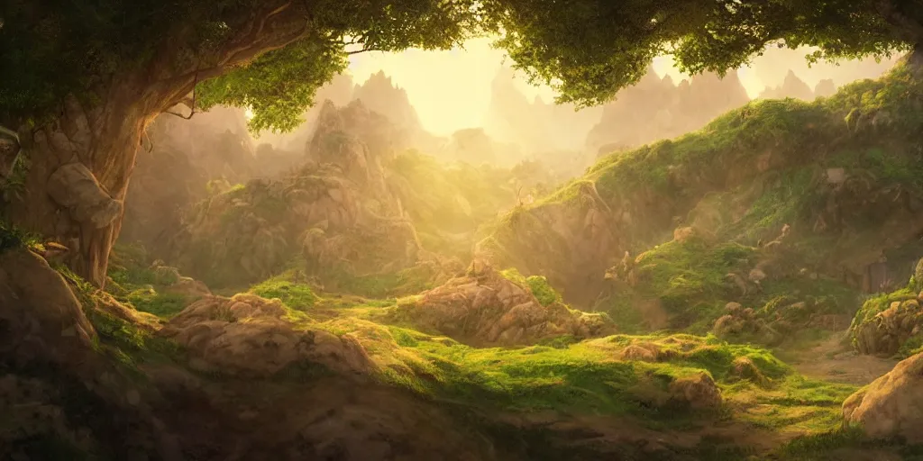 Prompt: lush and beautiful concept art for the shire, floating rocks, arabian castles, sand, golden sun, planets, lord of the rings, peter jackson, studio ghibli, detailed, realistic lighting, volumetric lighting, golden hour,