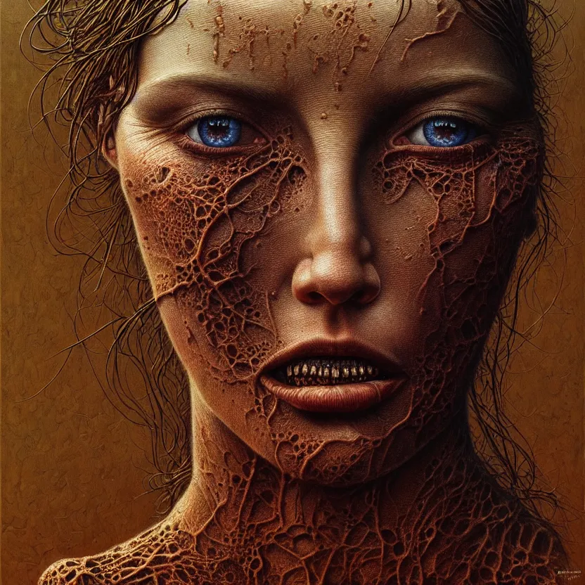 Image similar to ultra realist intricate detailed portrait of a single rugged attractive female, insanity accurate features, apocalyptic, very intricate details, 8 k resolution, dim lighting, artstyle zdzisław beksinski and keith thompson, award winning