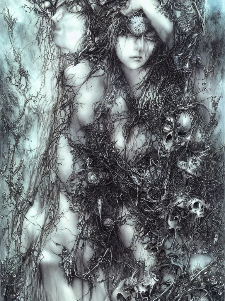 Prompt: life and death mixing together, by luis royo