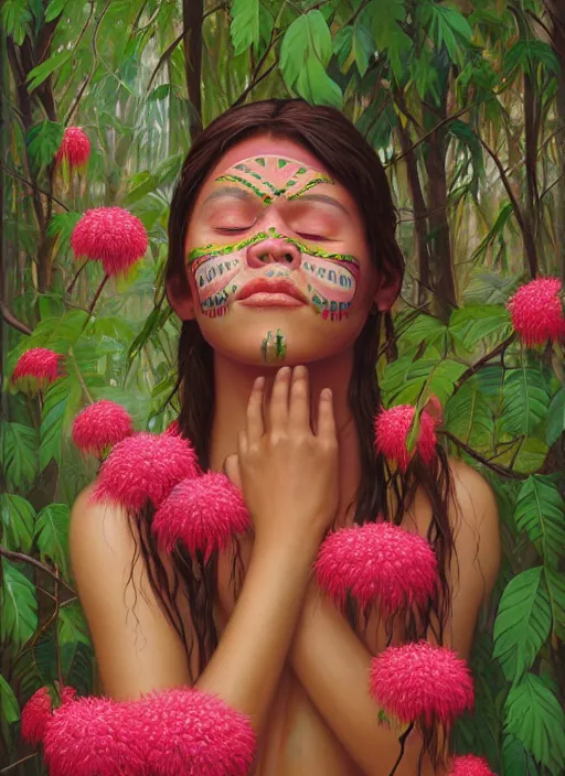 Prompt: a beautiful portrait of a beautiful indigenous woman with eyes closed in the amazon jungle surrounded by pink calliandra angustifolia flowers, face paintings, matte painting, by christophe vacher