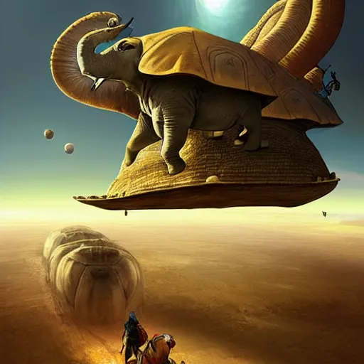 Prompt: a flat world on the back of four elephants, who are standing on the back of a giant turtle floating through space by Marc Simonetti