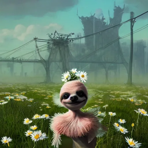 Prompt: a fairy sloth with a crown of daisies ,simon stålenhag, very highly detailed, award winning, rendered by Beeple, by Makoto Shinkai, syd meade, fantasy art concept, digital art, unreal engine, blender, WLOP, trending on artstation, 4K UHD image, octane render, cinematic style