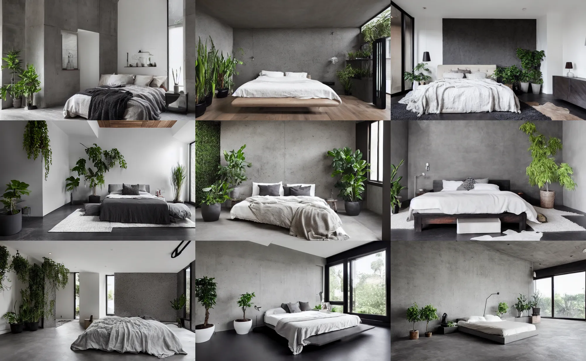 Prompt: master bedroom, minimalist, dark setting, cement wall, wooden floor, plants,