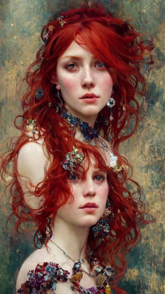 Prompt: a highly detailed beautiful red haired woman, adorned with precious stones, intricate by jeremy mann and alphonse mucha, 8 k resolution, trending on artstation, very very detailed, masterpiece, stunning,