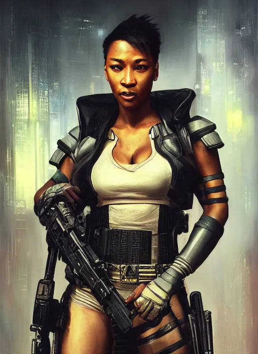 Image similar to black chun li. cyberpunk police trooper in a military vest ( blade runner 2 0 4 9, cyberpunk 2 0 7 7 ). orientalist portrait by john william waterhouse and james gurney and theodore ralli and nasreddine dinet, oil on canvas. cinematic, hyper realism, realistic proportions, dramatic lighting, high detail 4 k