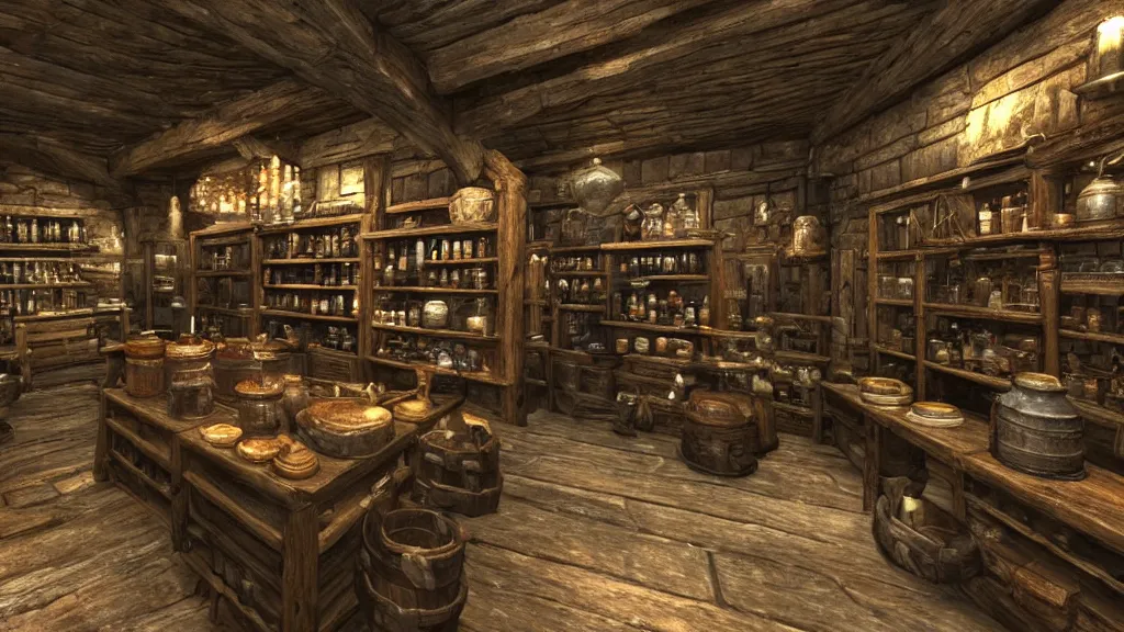 Image similar to 12th century apothecary shop, still from the game skyrim!!!, wide lens