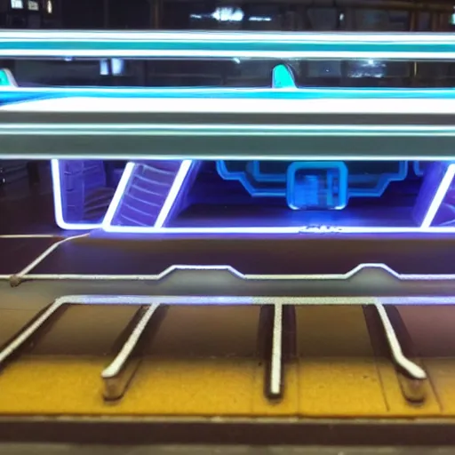 Prompt: a blue hexagonal metro train with blue neon light rails from the movie tron