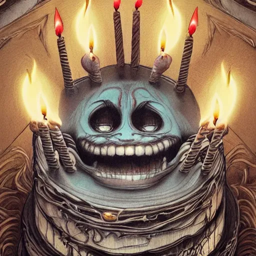 Image similar to epic view of a giant birthday cake with lit candles by junji ito and james jean and esao andrews, cake, candles, 4 k, hyperdetailed, hyperrealistic, trending on artstation, pencil art on paper, horror, dramatic lighting