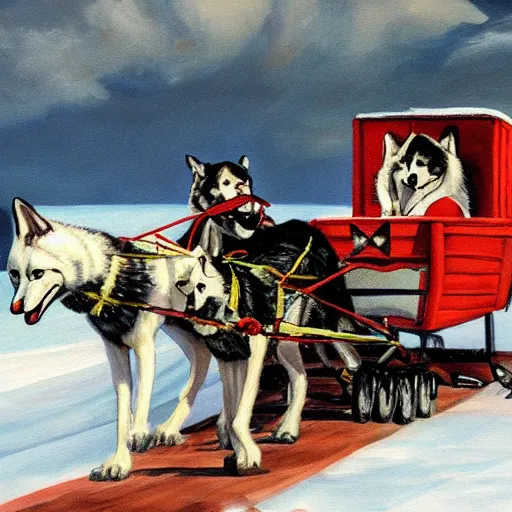 Prompt: Painting of a sled with a man on it being towed by huskies in the style of Ted Harrison, 8K