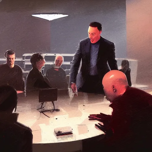 Image similar to illustration of a meeting between elon musk, mark zuckenberg, jeff bezos, very clear face, high quality, very detailled, by artgem, greg rutkowski, ruan jia