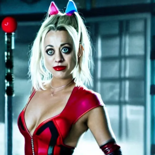 Image similar to A still of Kaley Cuoco as Harley Quinn