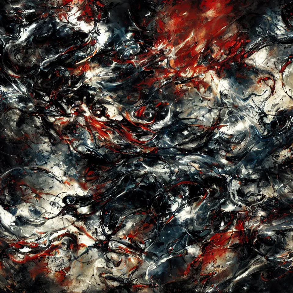 Prompt: swirls of fluids in a dark style by Richard Anderson, Kekai kotaki, Jackson Pollock and craig Mullins