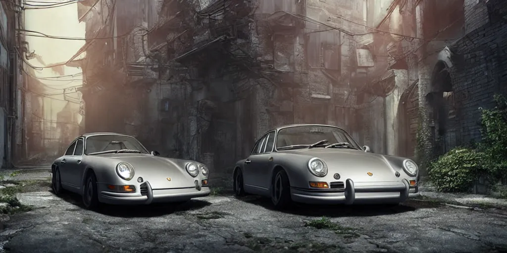 Image similar to a wholesome animation key shot of a focused old silver Porsche car parked in an abandoned alleyway, medium shot, waist up, studio Ghibli, Pixar and Disney animation, sharp, very detailed, high resolution, Rendered in Unreal Engine 5, anime key art by Greg Rutkowski, Bloom, dramatic lighting