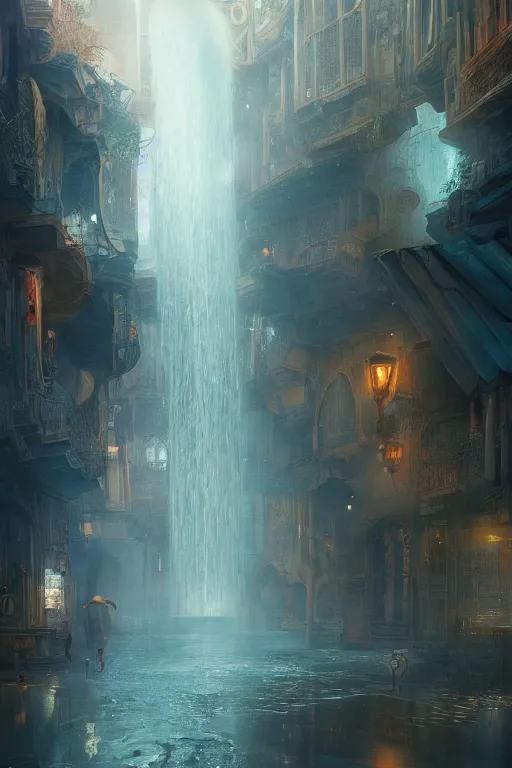 Image similar to inside the antique street of atlantis the city of water, waterfall, intricate, elegant, volumetric lighting, digital painting, highly detailed, artstation, sharp focus, illustration, concept art, ruan jia, steve mccurry