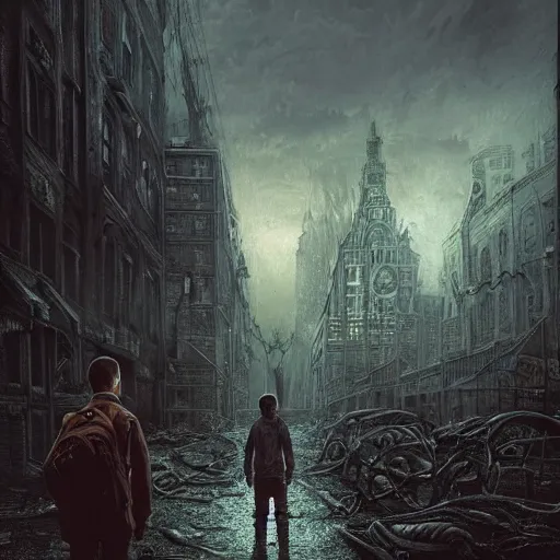 Image similar to a boy in apocalyptic zombie city, lovecraftian horror!, surrealism, fantasy, intricate, elegant, highly detailed, digital painting, realistic shading, cinematic composition, hdr, photorealistic, 3 5 mm film, concept art, artstation, matte, sharp focus, illustration, art by greg rutkowski and kadinski