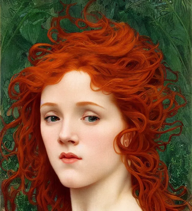 Prompt: intricate art nouveau portrait oil painting of redheaded young molly ringwald with long red hair blowing in the wind, mouth open, wearing a thin green dress, in front of a carved screen, elegant, digital painting, smooth, sharp focus, illustration, ultra realistic, 8 k, by bouguereau, alphonse mucha, artgerm, and donato giancola