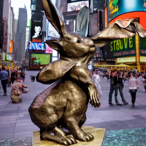 Image similar to a realistic bronze sculpture of a very scary bunny with sharp teeth made by michelangelo, standing in times square, 3 d render, hyper detailed, sharp focus, 8 k resolution