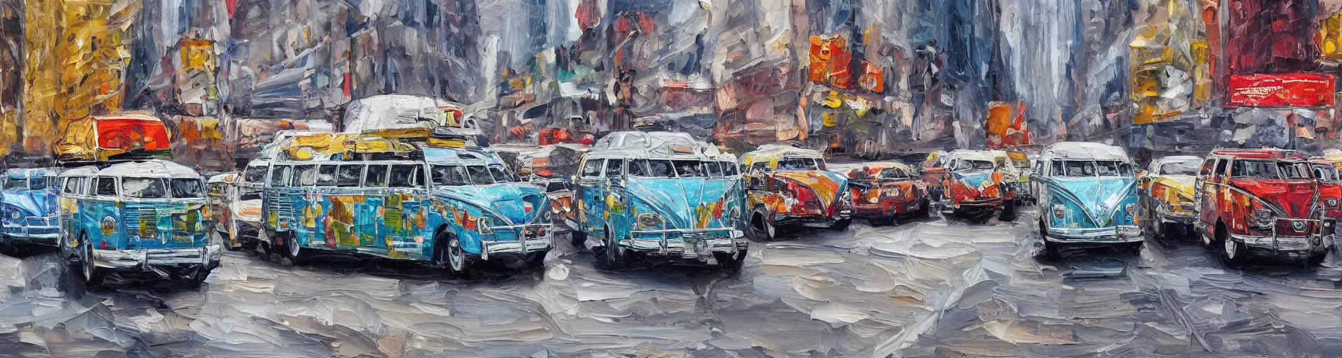 Prompt: a detailed oil painting of vw buses racing in new york city