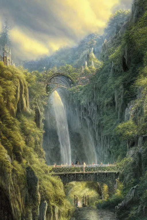 Prompt: beautiful detailed matte painting of Rivendell at the gorge, evening, Alan Lee, Artstation