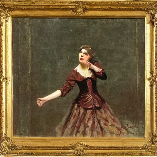 Image similar to actress rehearsing an action scene on stage by alfred stevens