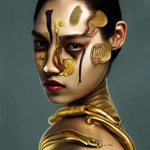 Image similar to Kiko Mizuhara body and face painted gold all over, physically accurate, very very very dramatic dynamic lighting, intricate, elegant, highly detailed, digital painting, artstation, very hyperrealistic, HR GIGER, Hieronymus Bosch, Francis Bacon, concept art, smooth, sharp focus, illustration, art by artgerm and greg rutkowski and alphonse mucha