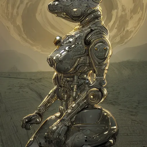 Prompt: gold and silver tones, cybernetic cat village, style of moebius, james jean, rutkowski, cinematic, high detail, award winning, 8 k photorealistic