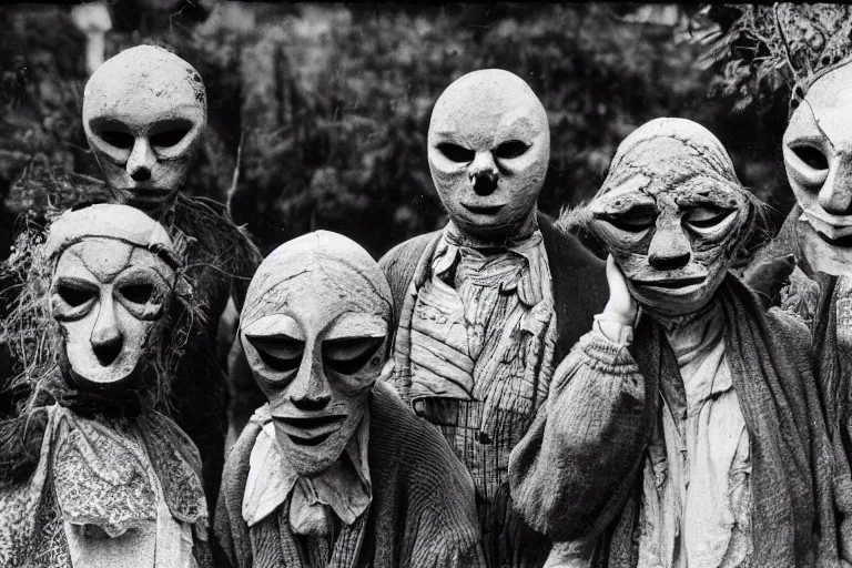 Image similar to vintage photo of villagers wearing weird masks, eerie, bizarre, highly detailed shot, dramatic 8 k uhd