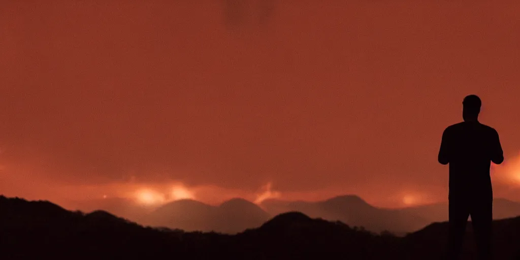 Image similar to Film still. Silhouette of young man. From behind. Centered. At night. Hills in the distance. Red fireworks far off in the sky. Cinematic lighting.