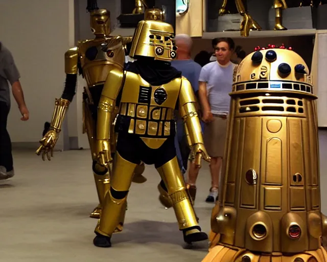 Prompt: C-3P0 attacked by a Dalek