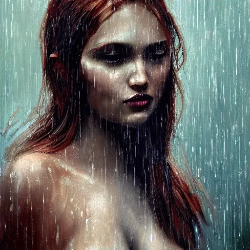 Image similar to a beautiful toned woman in rain, aesthetic, oil painting, pale colors, high detail, 8 k, wide angle, trending on artstation,
