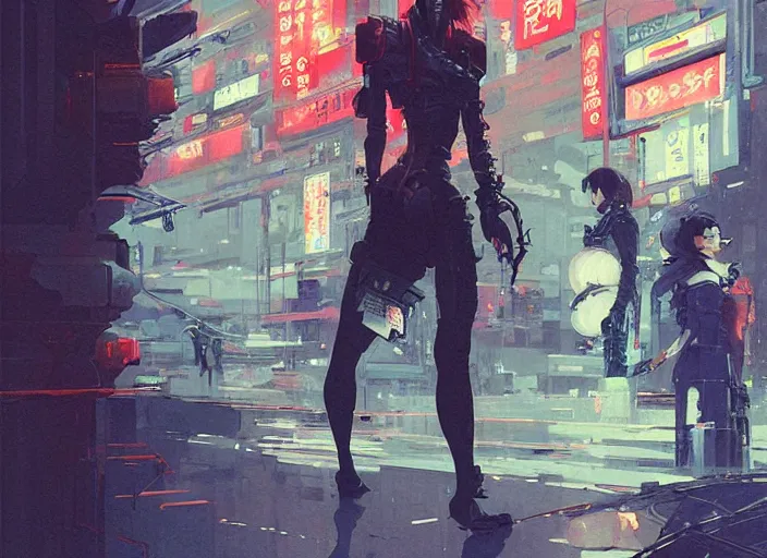 Image similar to lee jin - eun exiting kyoto gion from in cyberpunk theme by peter andrew jones and conrad roset, rule of thirds, seductive look, beautiful
