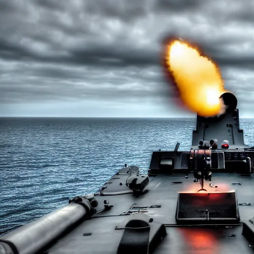 Prompt: Highly detailed photograph of a warship firing its advanced gun system, HDR, 8k