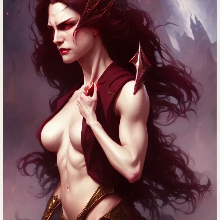 Image similar to female vampire, muscular upper body, D&D, fantasy, intricate, elegant, highly detailed, digital painting, artstation, concept art, smooth, sharp focus, illustration, art by artgerm and greg rutkowski and alphonse mucha