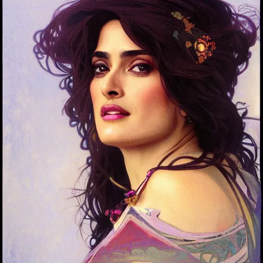 Image similar to salma hayek medium shot portrait by alphonse mucha, playful, fantasy, medieval, beautiful face, perfect detailed eyes, vivid colrs, elegant, sharp focus, hyper - realistic, 4 k, unreal engine, highly detailed, hd, dramatic lighting by brom, trending on artstation