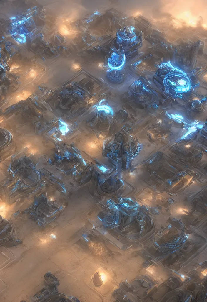 Prompt: protoss base with units warping from the gate, realistic, soft natural volumetric lighting, beautifully detailed 4 k octane render, 4 k post processing 8 k