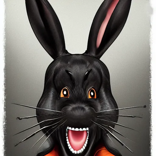 Image similar to A extremely highly detailed majestic hi-res beautiful, highly detailed head and shoulders portrait of a scary terrifying, horrifying, creepy black cartoon rabbit with scary big eyes, earing a shirt laughing, hey buddy, let's be friends, in the style of Walt Disney