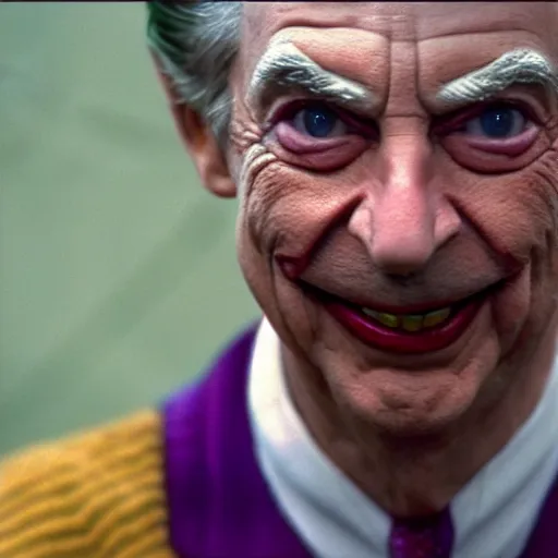 Prompt: stunning awe inspiring mr. rogers as the joker, movie still 8 k hdr atmospheric lighting