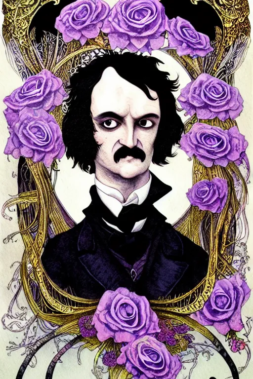 Prompt: realistic portrait of edgar allen poe in the center of an ornate white purple rose flower frame with black wings, detailed art by kay nielsen and walter crane, illustration style, watercolor
