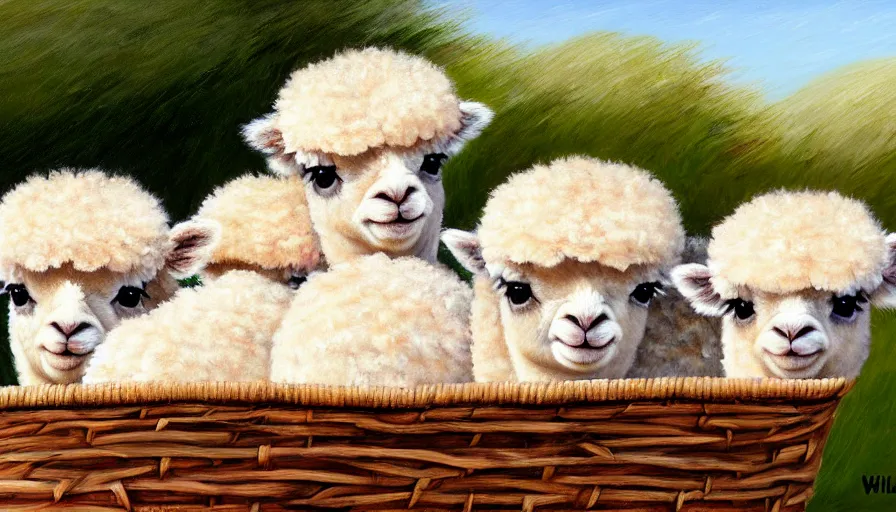 Image similar to highly detailed painting of cute baby alpacas cuddling up in a basket by william turner, thick brush strokes and visible paint layers, 4 k resolution