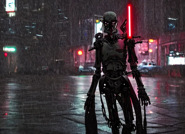 Image similar to 3 5 mm portrait photo of general grievous with heavy duty biomechanical cybernetic body with 4 arms holding 4 activated red lightsabers in the city in the rain. cyberpunk horror style.