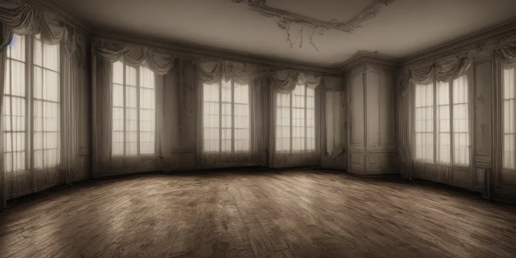 Image similar to empty room high ceiling, victorian, soft light, ominous, photorealistic, detailed, 8k