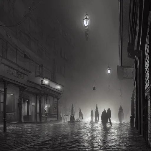 Image similar to victorian city street, dark, misty, at night, 8 k, detailed, concept art, trending on artstation