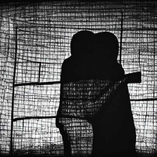 Image similar to photo of two shadowy figures hugging each other, they are in a birdcage, paint is falling off, black and white, 5 0 mm, dark
