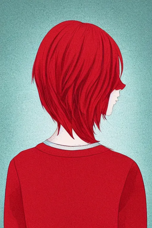 Image similar to upper body portrait. back of a girls head and shoulders. medium length hair. bright red hair! black jumper. lit from the right side, white light. centered median photoshop filter cutout vector behance hd artgerm jesper ejsing!