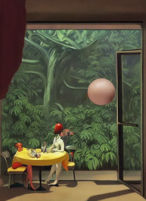 Image similar to spherical people with gas masks at restaurant overgrown with vegetation in the style of Edward Hopper and James Gilleard, Zdzislaw Beksinski, open ceiling, highly detailed, painted by Francis Bacon, painted by James Gilleard, surrealism, airbrush, Ilya Kuvshinov, WLOP, Stanley Artgerm, very coherent, art by Takato Yamamoto and James Jean