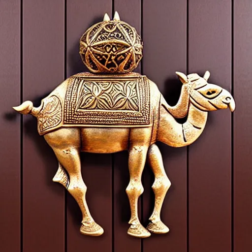 Image similar to gorgeous ornated bronze realistic detailed sacred camel wall decoration with filigree