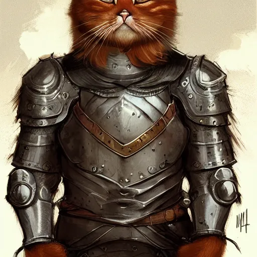 Prompt: handsome ginger cat wearing medieval suit of armor, illustration, concept art, art by wlop, dark, moody, dramatic