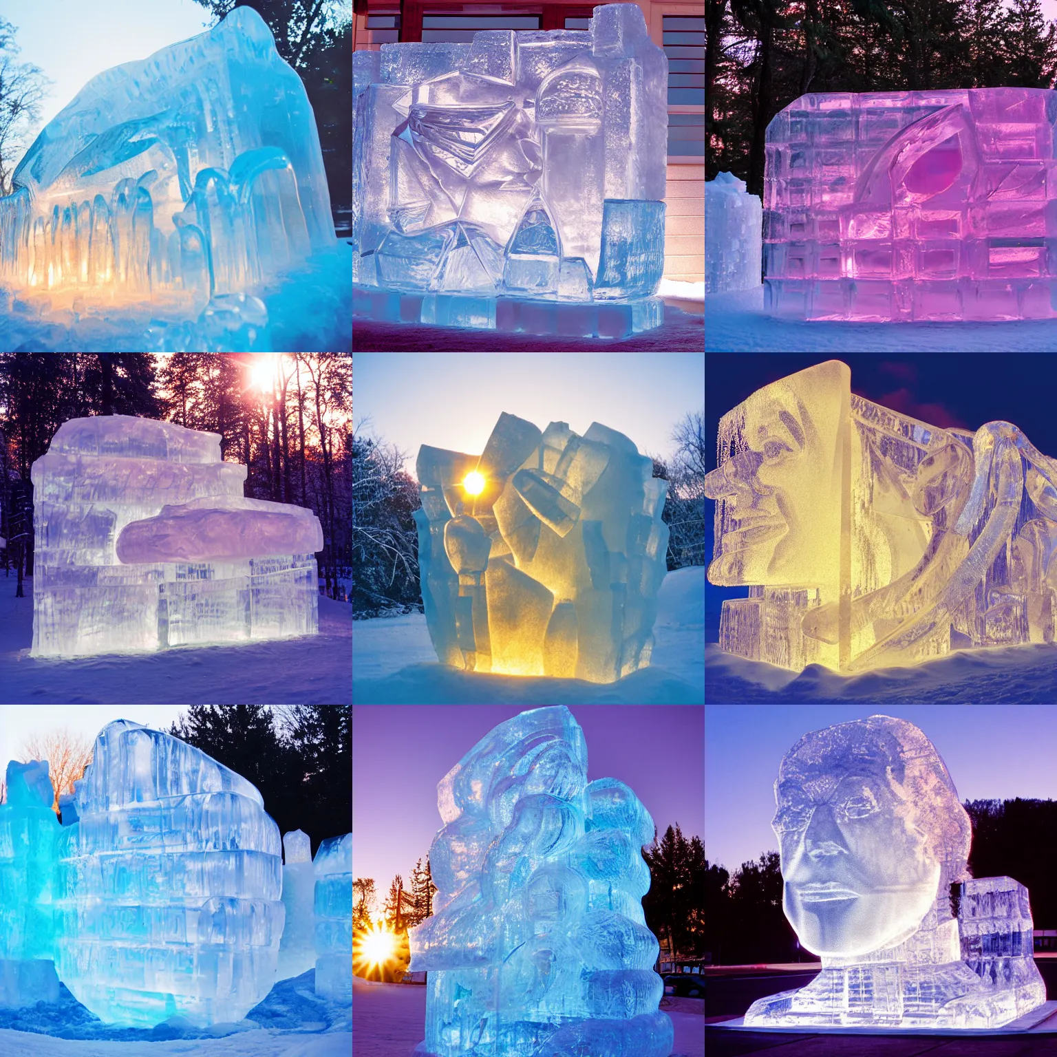 Prompt: cinestill of a huge backlit ice sculpture, golden hour