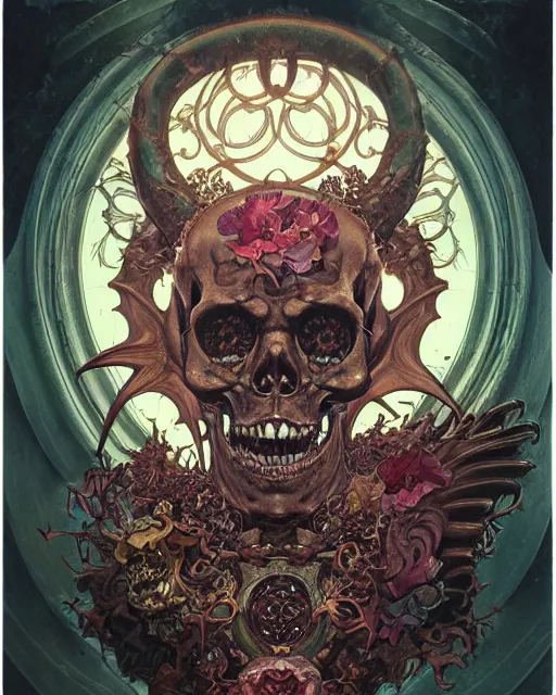 Prompt: perfectly centered portrait front view of a angry dead rotten beautiful daemon skull growing ornamentation all around, ornate, ornaments, detailed, symmetrical, elegant, beautifully soft lit, by wayne barlowe, peter mohrbacher, kelly mckernan, alphonse mucha